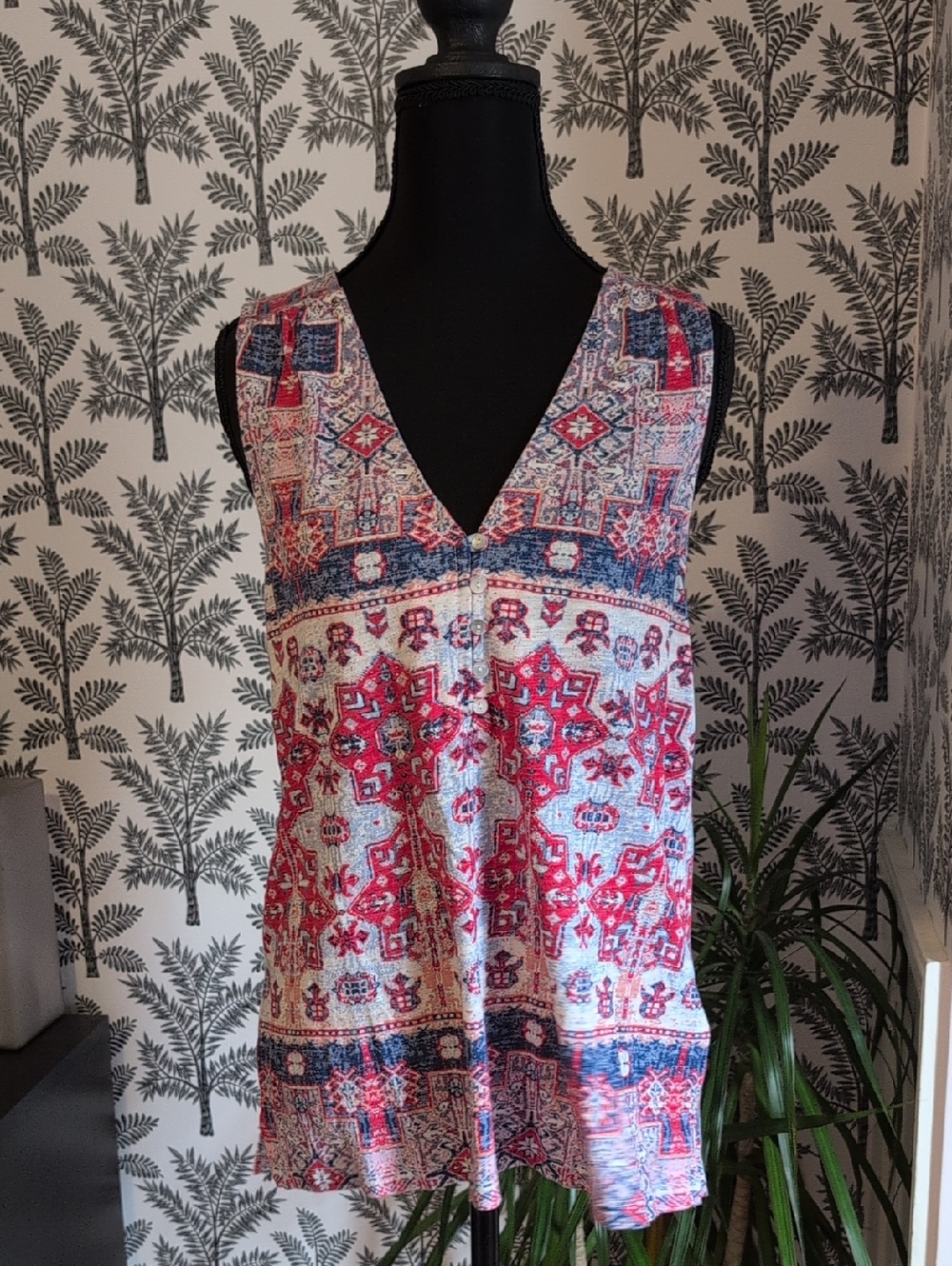 Lucky Brand Red & Blue Aztec Printed V-Neck Tank